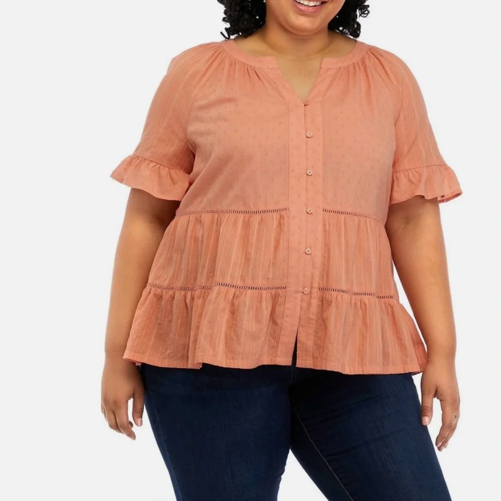 NWT Wonderly Rally June Button-Down 100% Cotton Short Sleeve Top in Peach Sz 1x